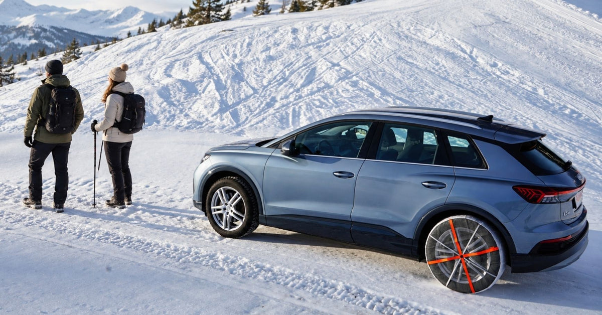 For Italian picture SEO / ALT text:
SUV crossover elettrico azzurro con catene da neve montate sulle ruote posteriori, parcheggiato sulla neve sotto un cielo azzurro con leggere nuvole. Due escursionisti sono in piedi sulla neve.